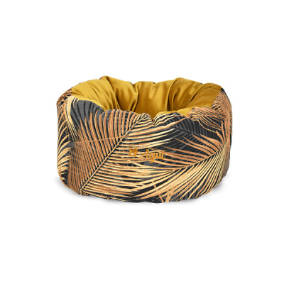 Cama redonda para animais com padrão dourado e interior amarelo