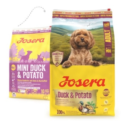 Sacas de ração para cães Josera Duck & Potato com texto e imagem de cão