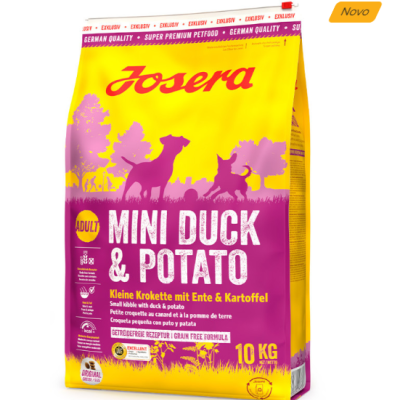 Saco amarelo e roxo de ração Josera Mini Duck & Potato para cães adultos, 10 kg.