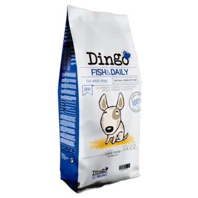 Saco de ração para cães Dingo Fish & Daily 12kg com ilustração de cão