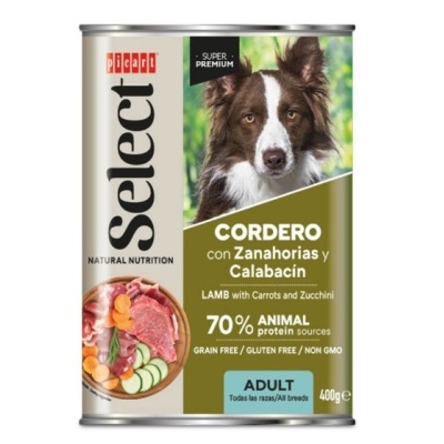 Lata de comida para cães Picart Select sabor cordeiro com cenouras e curgete, 400g.