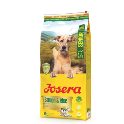 Saco de ração para cães Josera Senior Salmon & Rice amarelo com imagem de cão