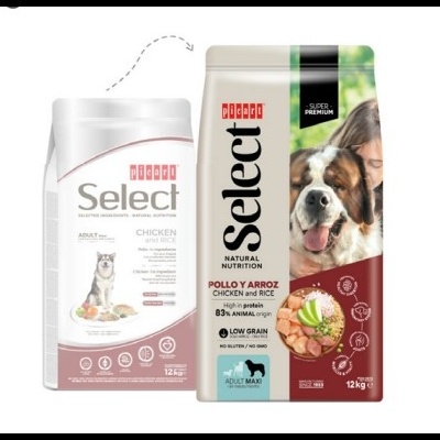 Sacos de comida para cães Select com imagens e textos sobre ingredientes e peso.