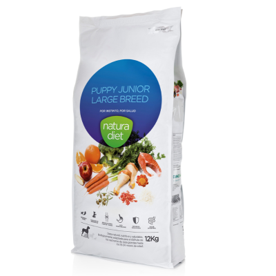 Saco branco de ração para cachorros grandes com ingredientes e texto em azul e verde