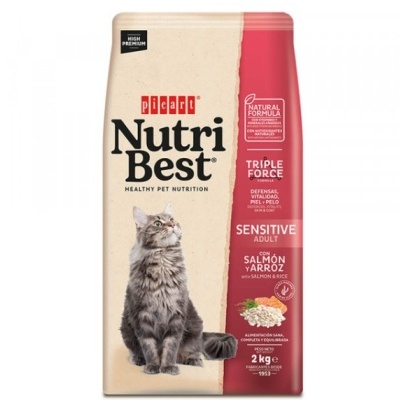 Saco de alimento para gato Nutri Best 2 kg com imagem de gato cinzento