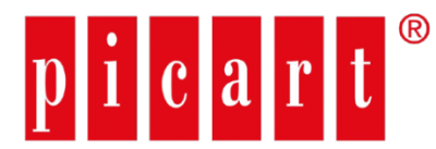 Logótipo 'picart' em letras brancas sobre retângulos vermelhos