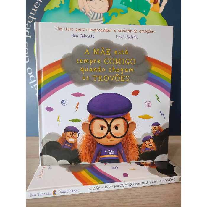 A MÃE está sempre COMIGO quando chegam os TROVÕES | Alma dos Livros Capa de livro infantil com personagem de óculos grandes e chapéu roxo e título destacado.