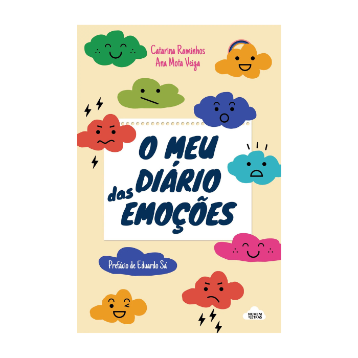 O Meu Diário das Emoções | Nuvem de Letras Capa de livro colorida com nuvens com expressões e título O Meu Diário das Emoções