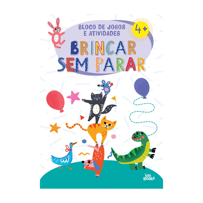 Bloco de Jogos e Atividades: Brincar sem Parar | Joy Books Capa de bloco de jogos e atividades com texto e ilustrações coloridas