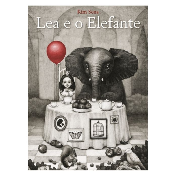 Lea e o Elefante | Baduga Capa do livro 'Lea e o Elefante' com ilustração em tons de cinza de uma menina e um elefante numa mesa de chá