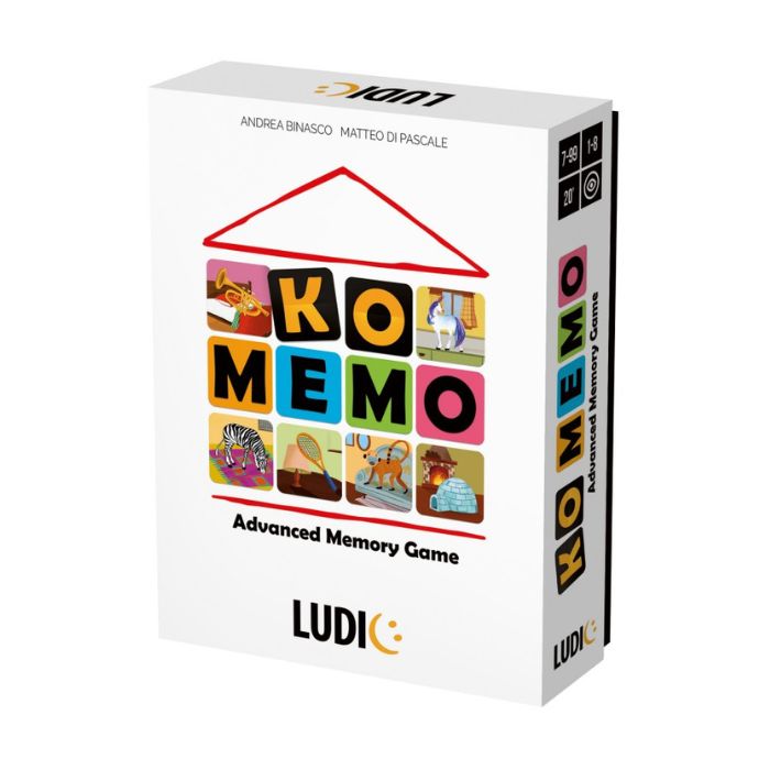 KO Memo | LUDIC Caixa de jogo de memória KO MEMO com quadrados coloridos e ilustrações de animais.