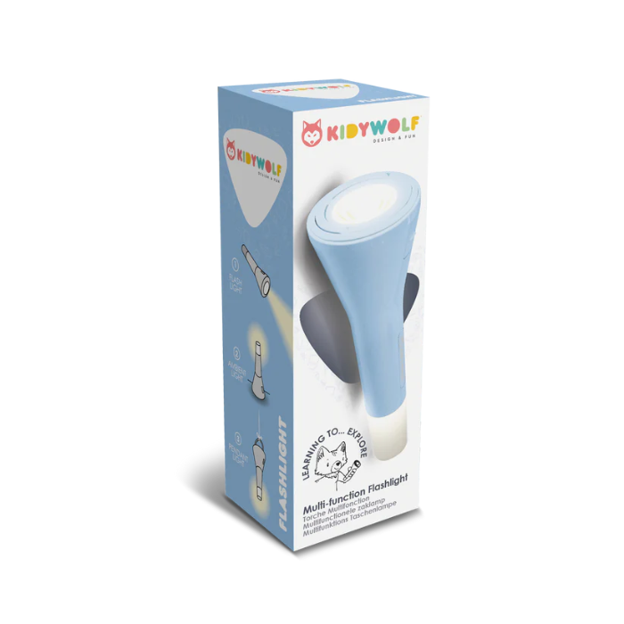 Lanterna Flash Azul | KidyWolf Embalagem de lanterna infantil multifunções azul e branca da marca KIDYWOLF