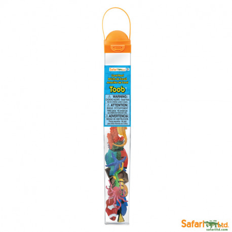 Toob Recifes de Coral | Safari Ltd Contentor plástico transparente com tampa laranja e miniaturas coloridas de animais marinhos
