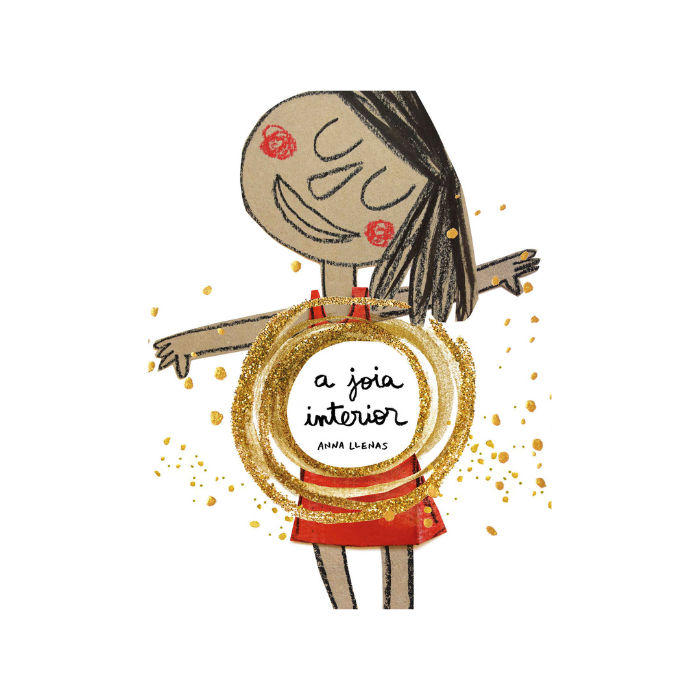 A joia interior | Nuvem de Letras Ilustração de mulher com vestido vermelho e círculo dourado com texto 'a joia interior ARTE LINES'