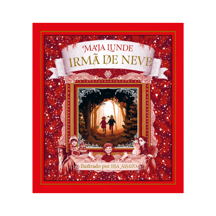 Irmã de Neve | Baduga Capa vermelha de livro 'IRMÃ DE NEVE' com ilustração de duas crianças numa floresta
