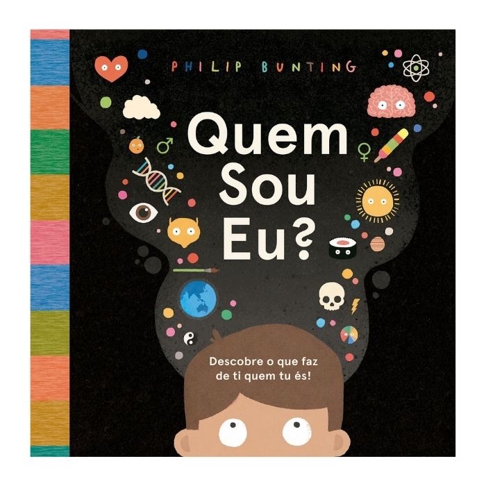 Quem Sou Eu? | Booksmile Capa do livro 'Quem Sou Eu?' com ilustrações coloridas sobre fundo preto e título em destaque