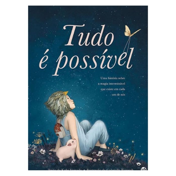 Tudo é Possível | Zero a Oito Capa de livro azul com título 'Tudo é possível' e ilustração de criança com porco e borboleta