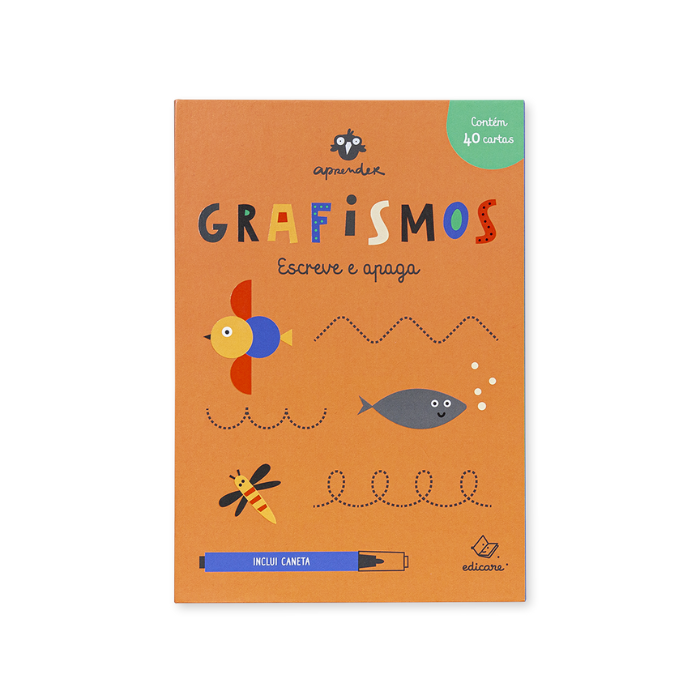 Escreve e Apaga: Grafismos | Edicare Livro didático laranja com desenhos de pássaro, peixe e abelha e texto GRAFISMOS Escreve e apaga