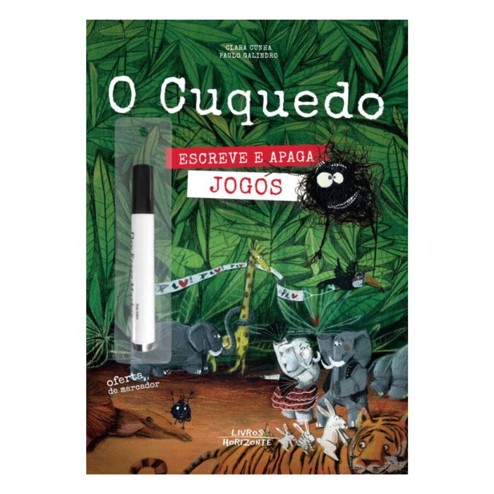 O Cuquedo: Escreve e Apaga | Livros Horizonte Capa de livro infantil 'O Cuquedo' com temática de selva e marcador apagável