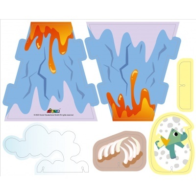 Peças coloridas para montagem de um vulcão com lava e dinossauro a sair de um ovo