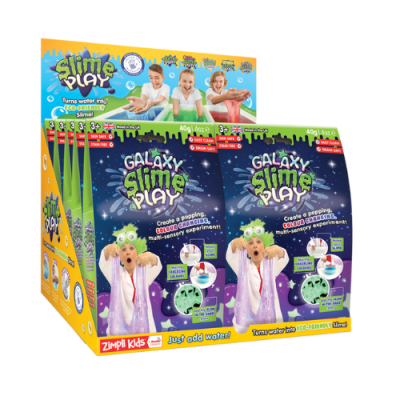 Caixa de Galaxy Slime Play para fazer slime com água, cores azul e amarelo, criança na embalagem com bata branca.