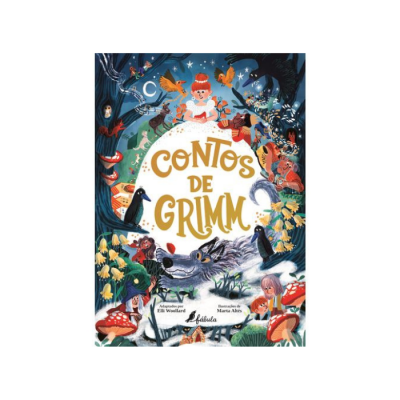 Capa colorida de livro infantil 'Contos de Grimm' com ilustrações de personagens e elementos fantásticos