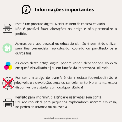 Informações importantes sobre produto digital com ícones e texto em português.