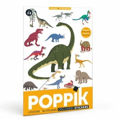 Pacote de autocolantes de dinossauros POPPIK com poster e 30 autocolantes coloridos para crianças de 3 a 8 anos