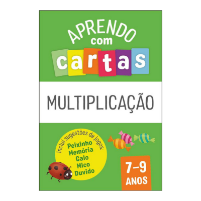 Caixa colorida de cartas educativas sobre multiplicação para crianças de 7-9 anos