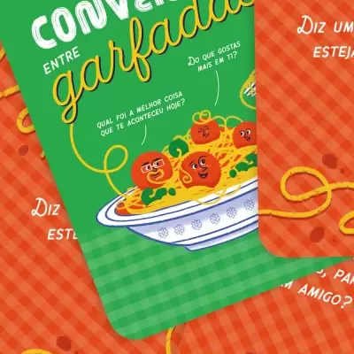 Cartão com design xadrez e ilustração de esparguete com tomates com rostos
