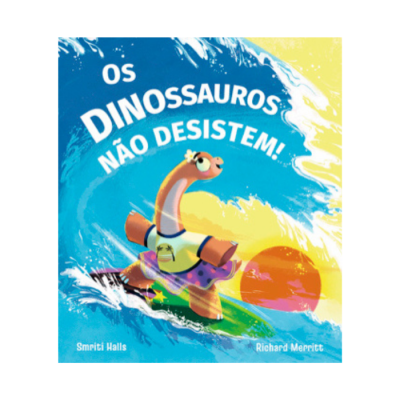 Capa de livro infantil com dinossauro a surfar e texto em português