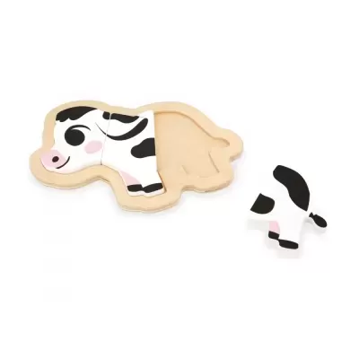 Quebra-cabeça de madeira infantil em forma de vaca com pedaço solto