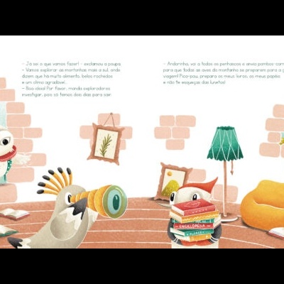 Ilustração colorida de sala com pássaros e móveis coloridos