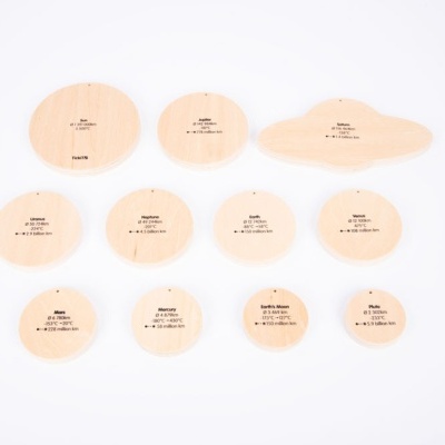 Conjunto de moldes de madeira para costura com texto impresso sobre fundo branco