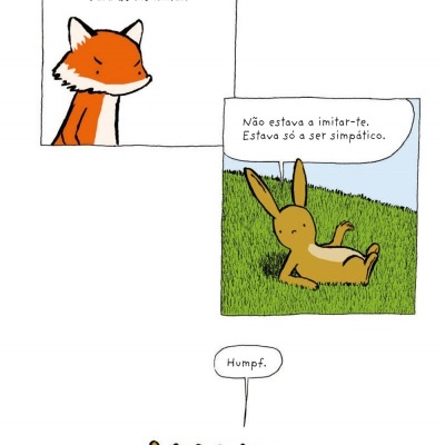 Página de banda desenhada com raposa e lebre a conversar em vinhetas