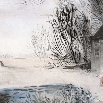 Ilustração de criança perto de casa de pedra num ambiente rural em preto e branco com toques de cor.