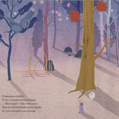 Ilustração colorida de floresta com animais e texto em português