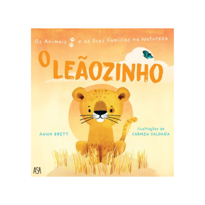 Capa de livro infantil com leão pequeno amarelo sobre fundo laranja e amarelo