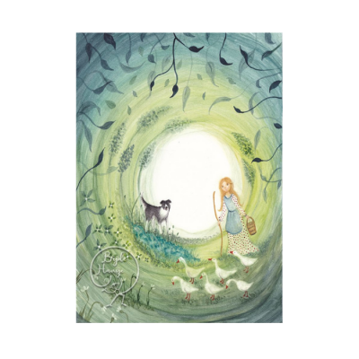 Ilustração de rapariga com vestido azul, cão e patos num cenário verde iluminado