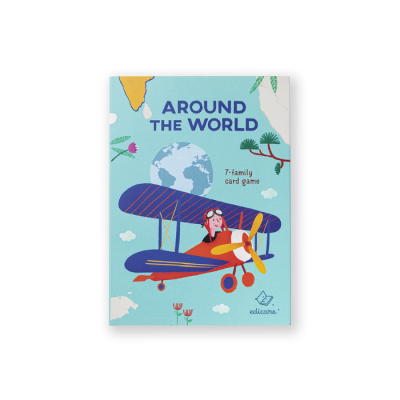 Embalagem do jogo de cartas AROUND THE WORLD com desenho de avião e elementos naturais