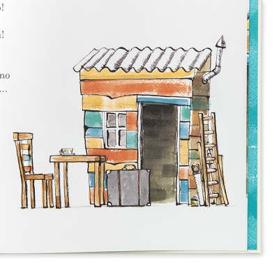 Ilustração de casa de madeira, mobília simples e personagem verde, texto em português.