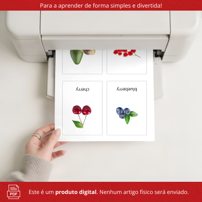 Cartões educativos de frutas sendo impressos numa impressora branca