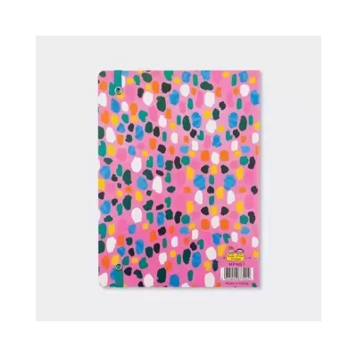 Caderno capa dura colorida com padrão abstrato e etiqueta com código de barras