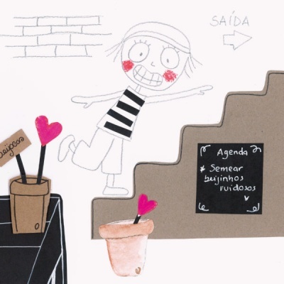 Desenho com personagem às riscas, escadas, vasos e texto em português.