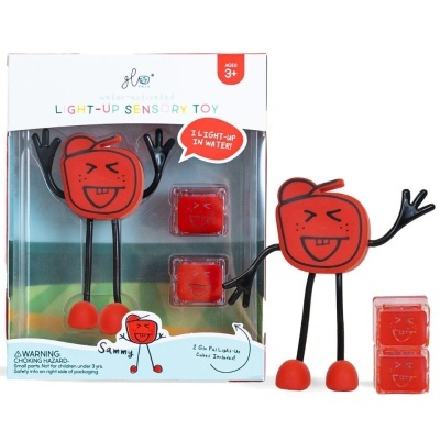 Brinquedo sensorial luminoso vermelho com braços pretos e pés vermelhos em embalagem branca.