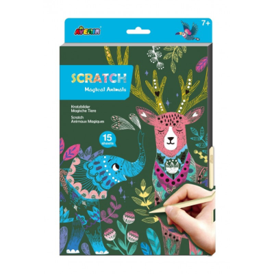 Kit de desenho para raspar com animais mágicos e 15 folhas, indicado para crianças a partir de 7 anos.