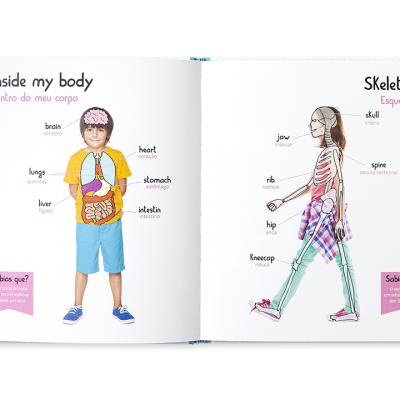 Livro infantil bilíngue aberto com ilustrações do corpo humano e rótulos em inglês e português