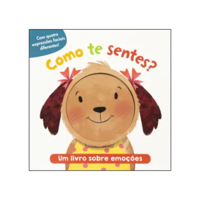 Capa de livro infantil com um cão desenhado e texto em português sobre emoções