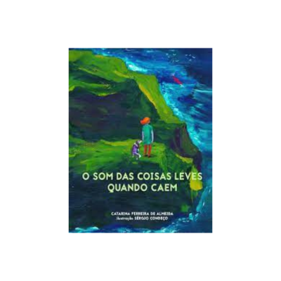 Capa de livro com criança e cão num penhasco verde junto ao mar azul