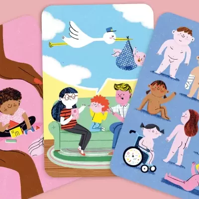 Cartões ilustrados de crianças com diversidade, família com bebé e crianças nuas com várias características